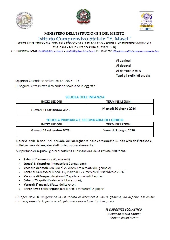 Calendario scolastico a.s. 2025 – 26