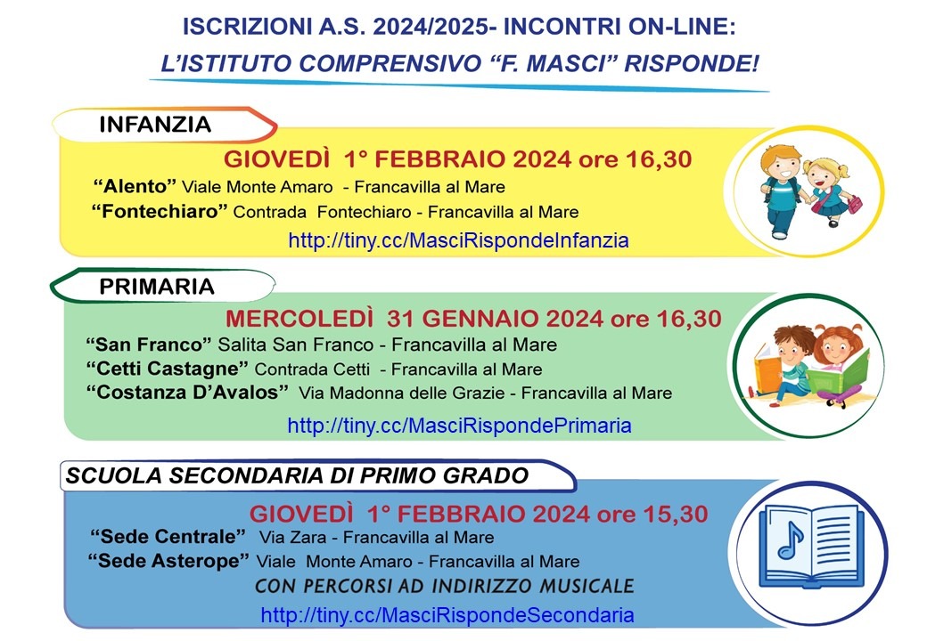 Iscrizioni a.s. 2024/2025 – Incontri on-line: L’ISTITUTO COMPRENSIVO “F. MASCI” RISPONDE!