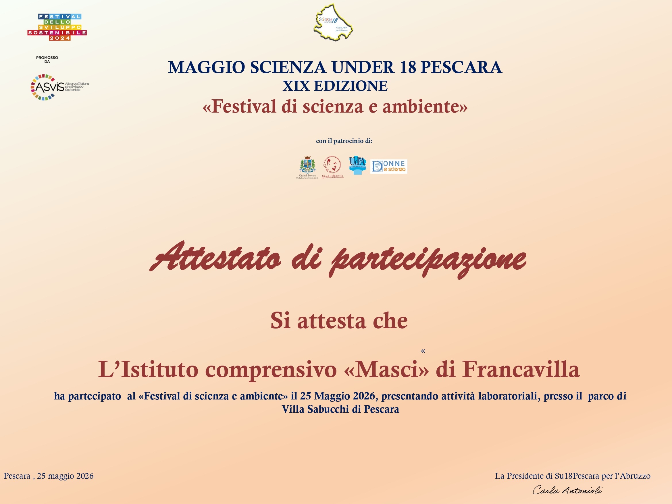 Attestato di partecipazione al festival di scienza e ambiente XIX edizione di Scienza Under 18 Pescara per l’Abruzzo